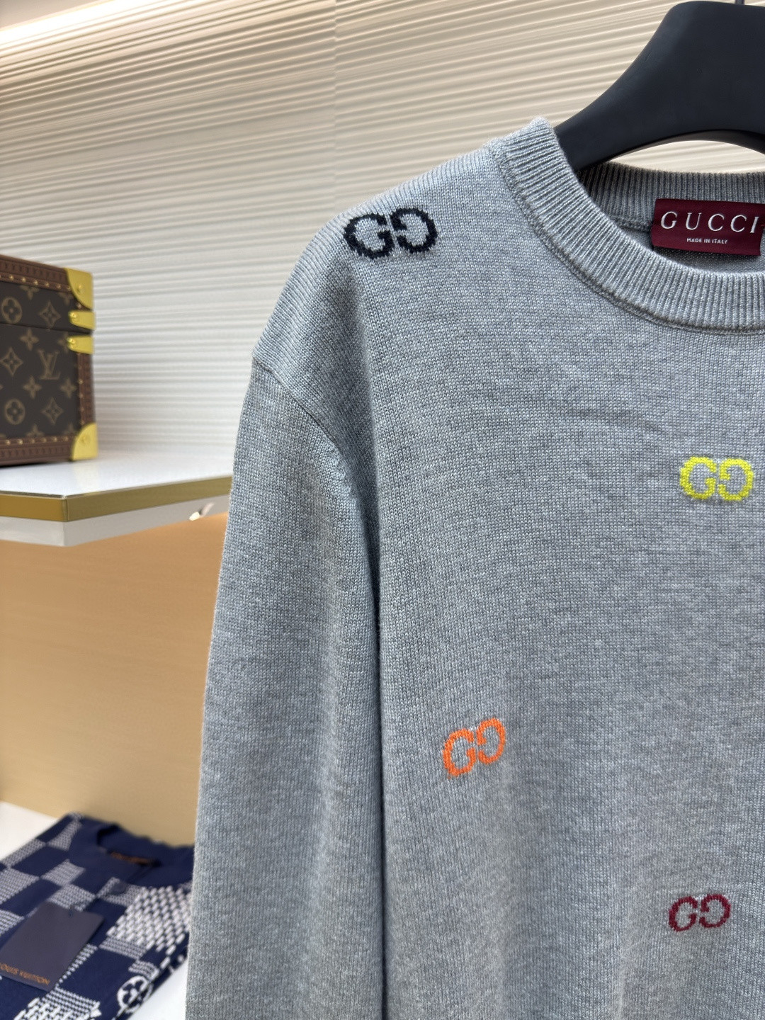 GUCCl 古驰 彩色提花logo羊毛针织衫 毛衣 外套 长袖 灰色 B0 833668-XKEYH-1015