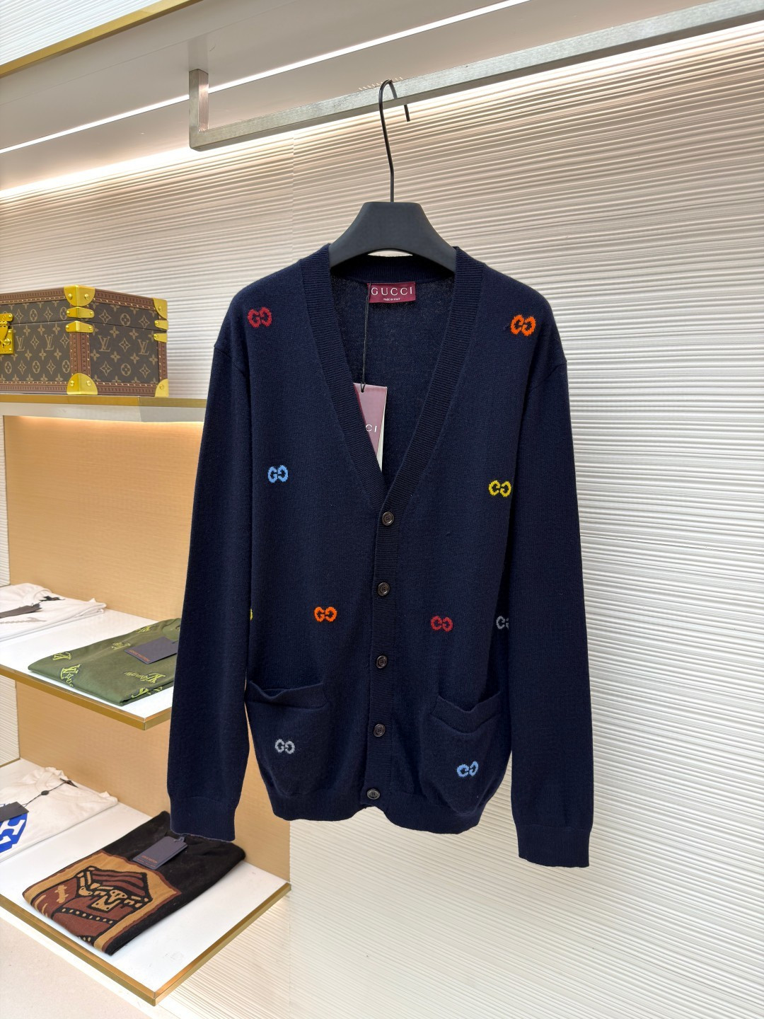 GUCCl 古驰 彩色提花logo羊毛开衫 毛衣 针织衫 外套 长袖 蓝色 B0