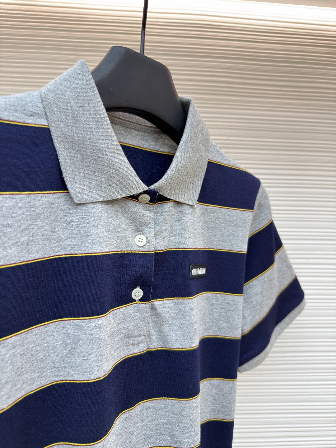 MIU MIU 条纹针织POLO衫 短袖 休闲T恤 夏季 女款 蓝灰色 A0 MJN536-14RT-F005R-S-OOO