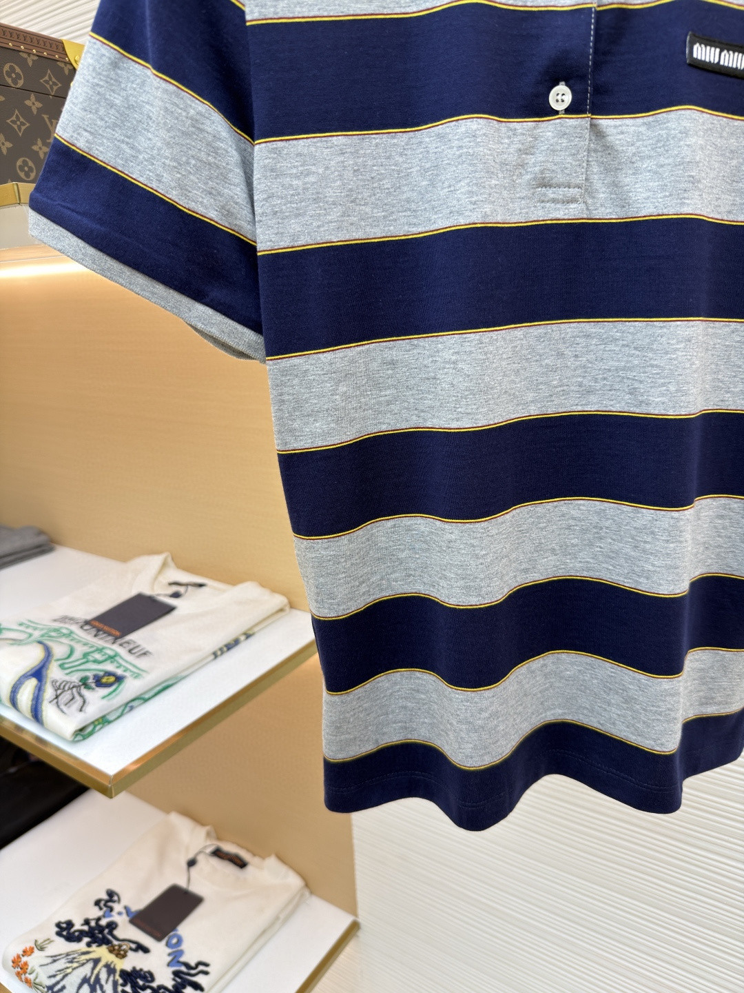 MIU MIU 条纹针织POLO衫 短袖 休闲T恤 夏季 女款 蓝灰色 A0 MJN536-14RT-F005R-S-OOO