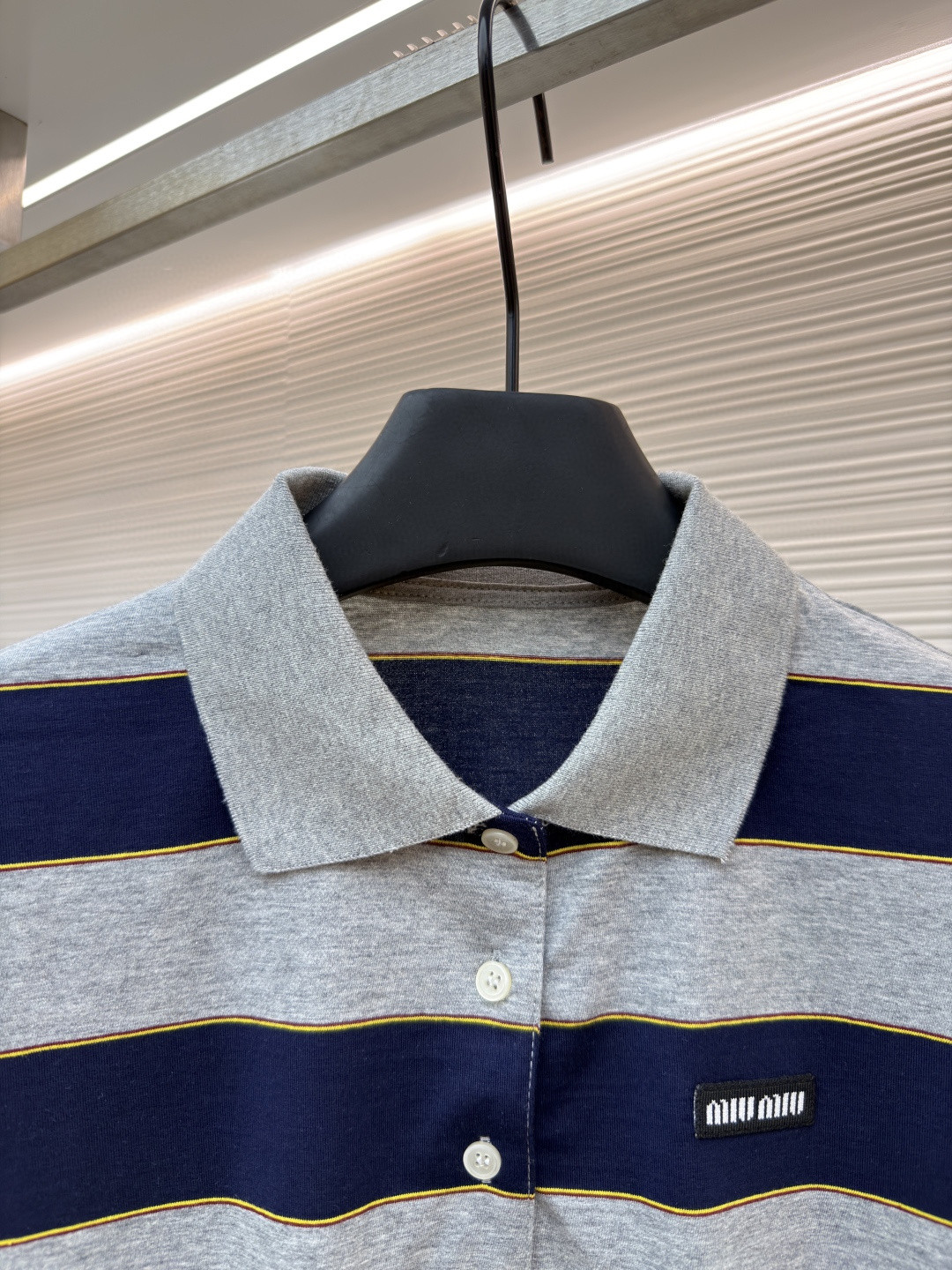 MIU MIU 条纹针织POLO衫 短袖 休闲T恤 夏季 女款 蓝灰色 A0 MJN536-14RT-F005R-S-OOO
