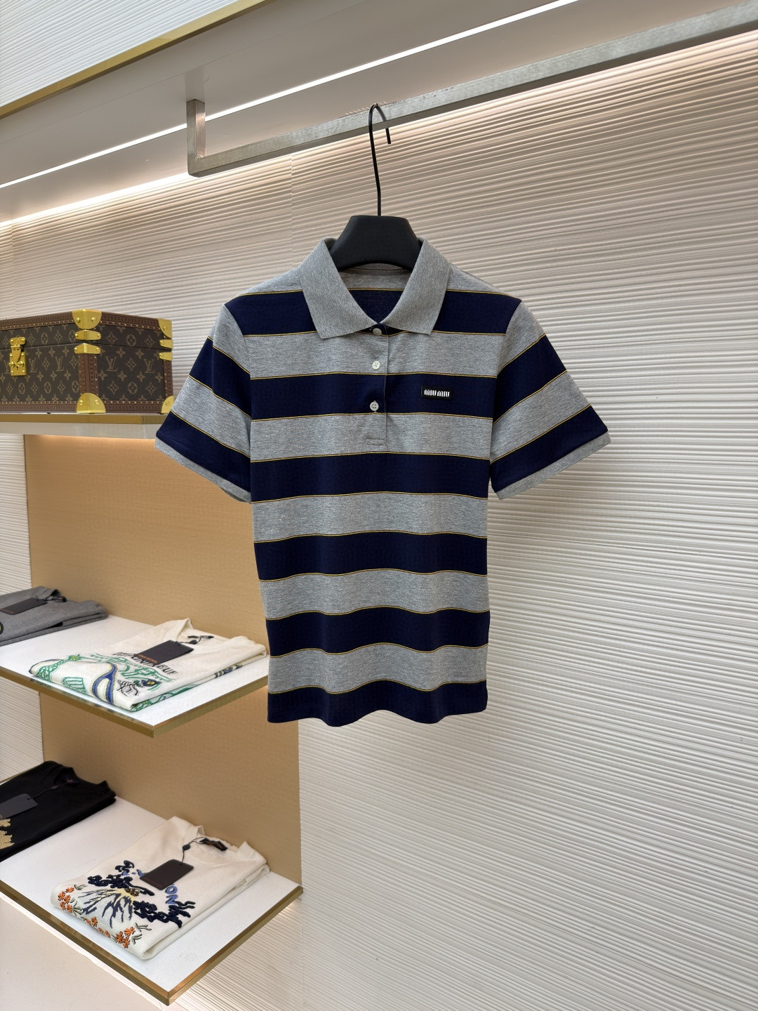 MIU MIU 条纹针织POLO衫 短袖 休闲T恤 夏季 女款 蓝灰色 A0 MJN536-14RT-F005R-S-OOO