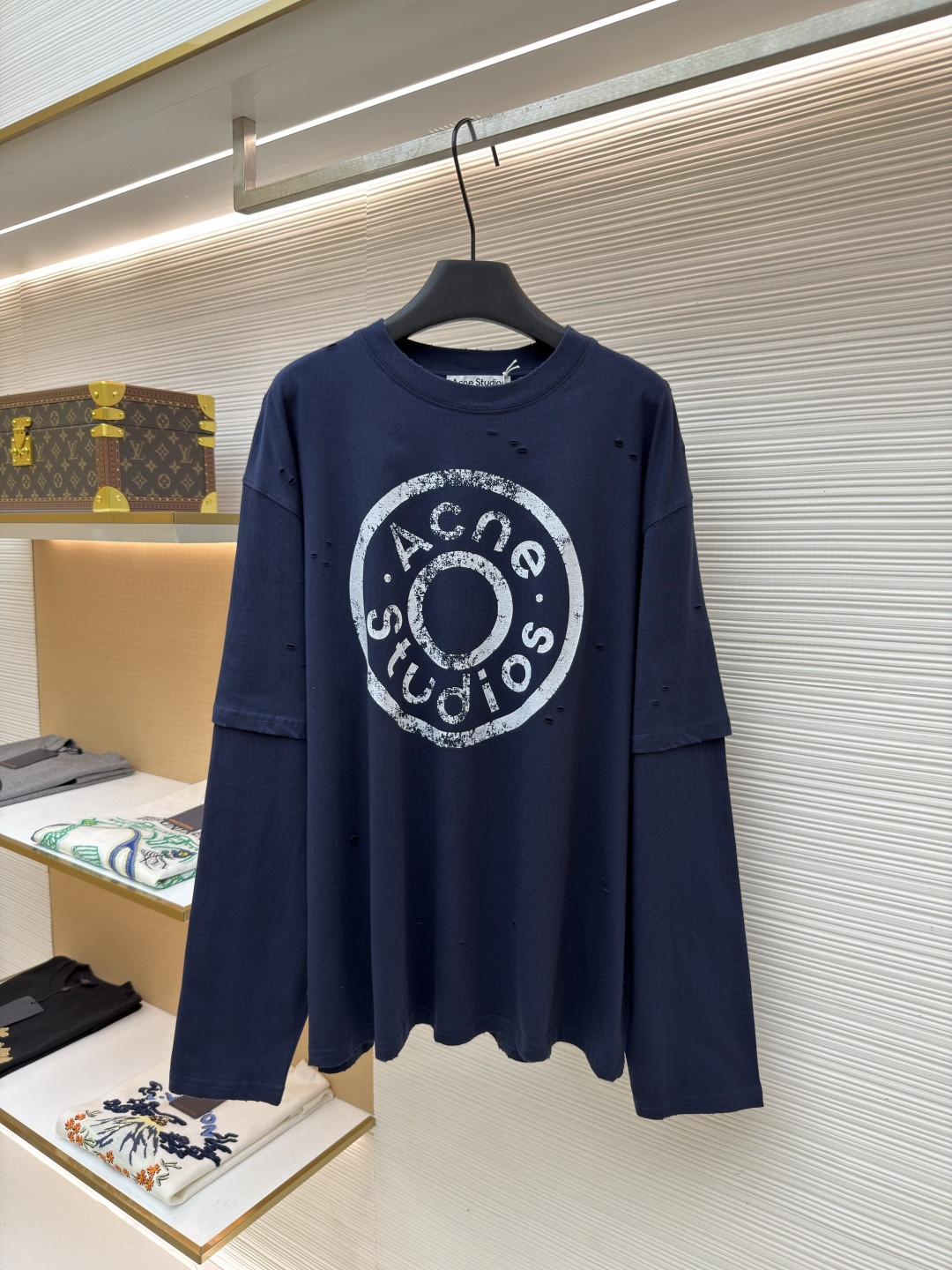 Acne Studios 纽扣徽标印花假两件圆领T恤 打底衫 长袖 蓝色 A5 CL0431-833