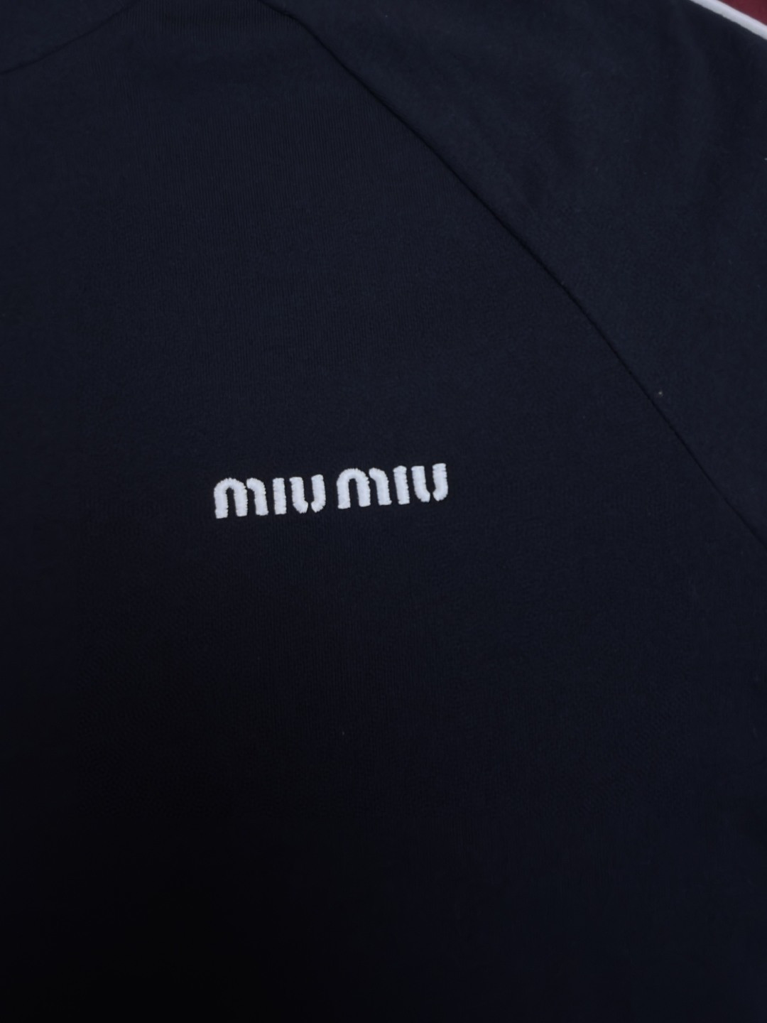 MIU MIU 缪缪 撞色织带长袖T恤 打底衫 女款 蓝色 A5 MJLA24-182D-F0X58-S-OOO