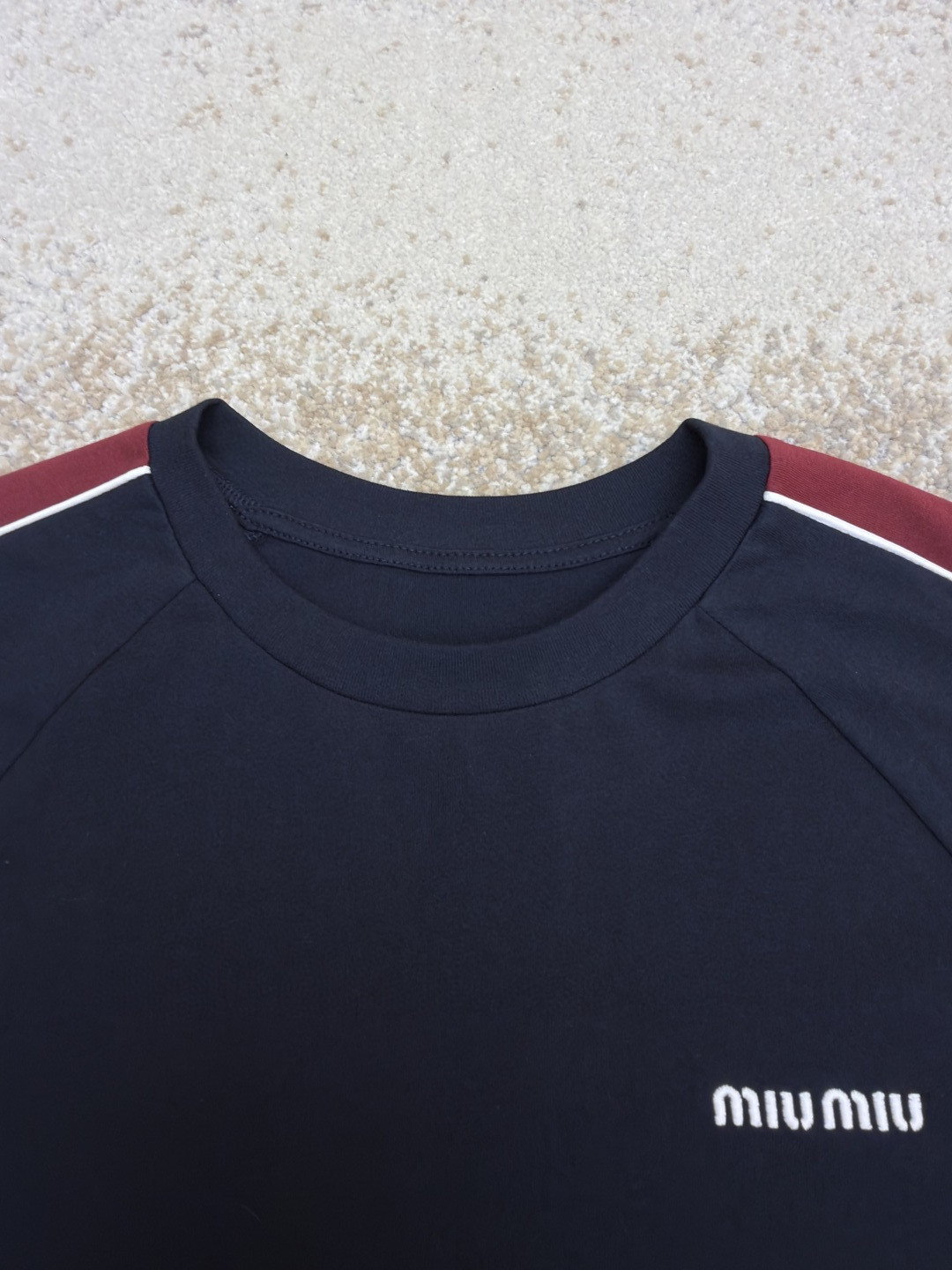 MIU MIU 缪缪 撞色织带长袖T恤 打底衫 女款 蓝色 A5 MJLA24-182D-F0X58-S-OOO