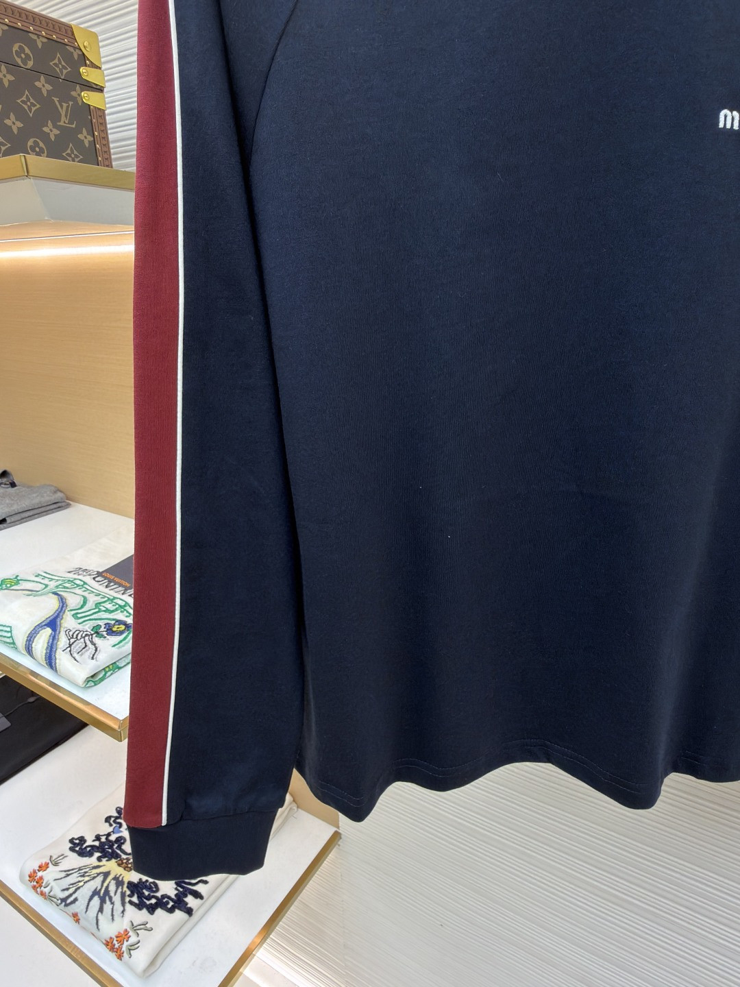 MIU MIU 缪缪 撞色织带长袖T恤 打底衫 女款 蓝色 A5 MJLA24-182D-F0X58-S-OOO