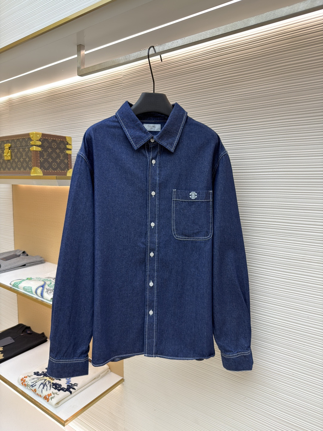 CELINE 赛琳 刺绣logo牛仔衬衫 牛仔衣 外套 夹克 长袖 蓝色 B0 RC0BE2N67-GGG3