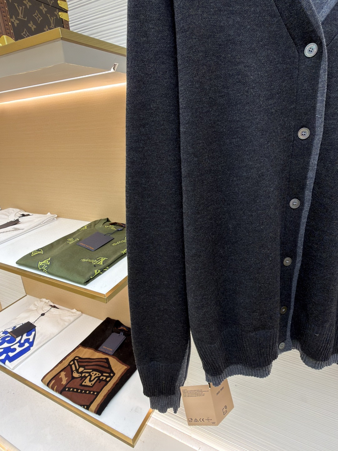 MIU MIU 缪缪 拼色假两件V领开衫 毛衣 外套 长袖 灰色 蓝色 B0 MMF918-15RK-F0G55-S-OOO