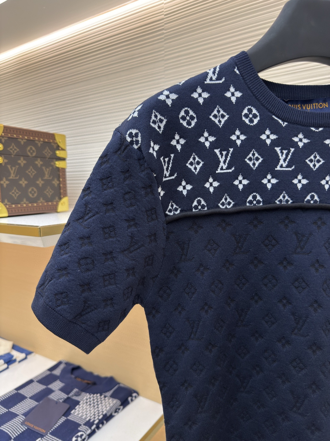LOUIS VUITTON 路易威登 LV 拼接提花针织衫 T恤 短袖 女款 深蓝色 A5 1AI772