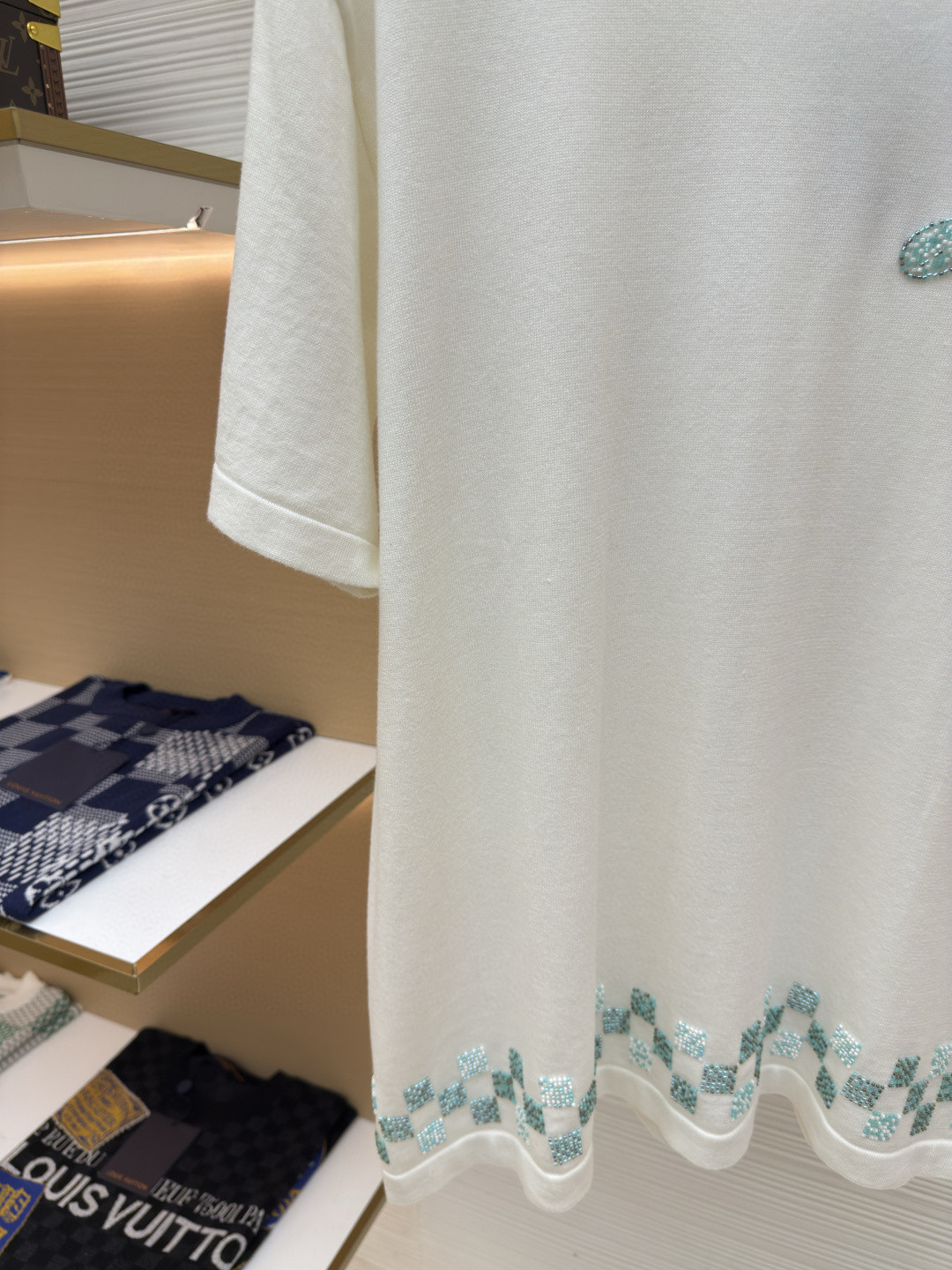 LOUIS VUITTON 路易威登 LV 装饰细节珠饰毛织短袖 T恤 针织衫 白色 B0 1AHVO8