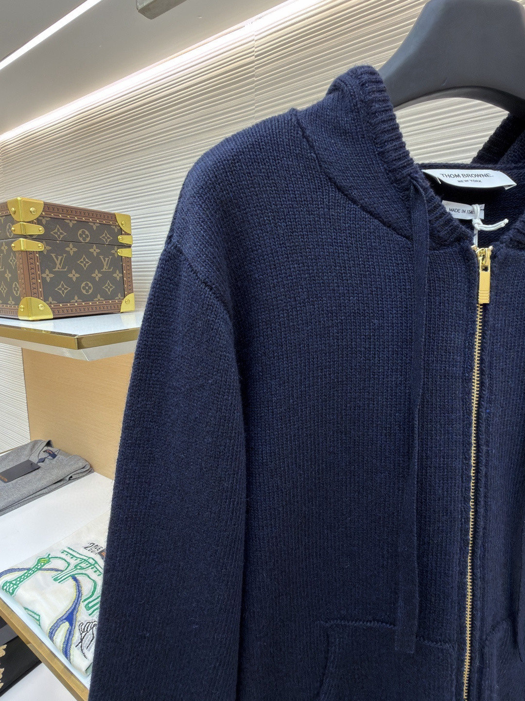 THOM BROWNE 后背小马图案拉链连帽针织衫 毛衣 外套 长袖 海军蓝 B0 MKT024A-Y1029-415