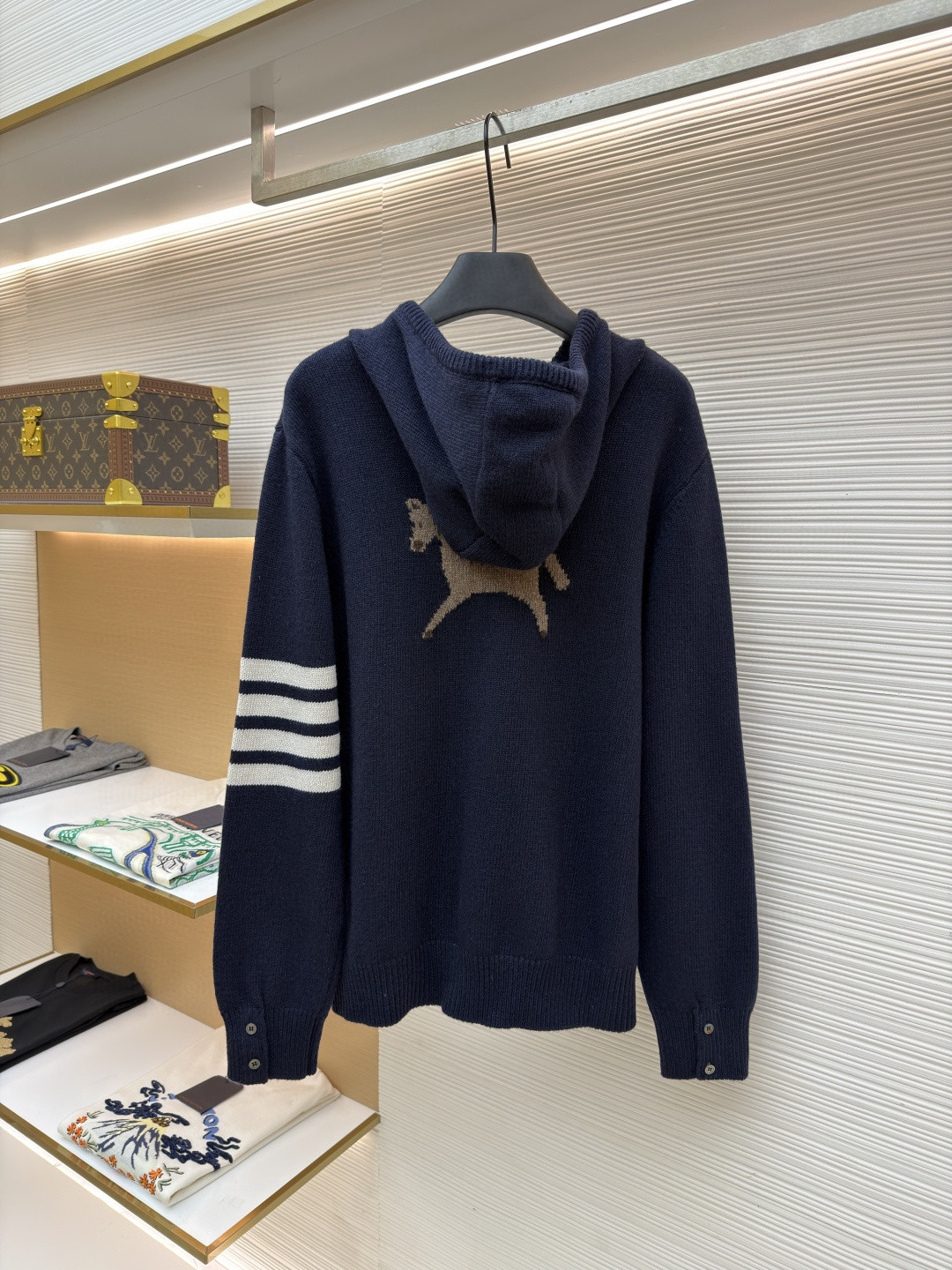 THOM BROWNE 后背小马图案拉链连帽针织衫 毛衣 外套 长袖 海军蓝 B0 MKT024A-Y1029-415