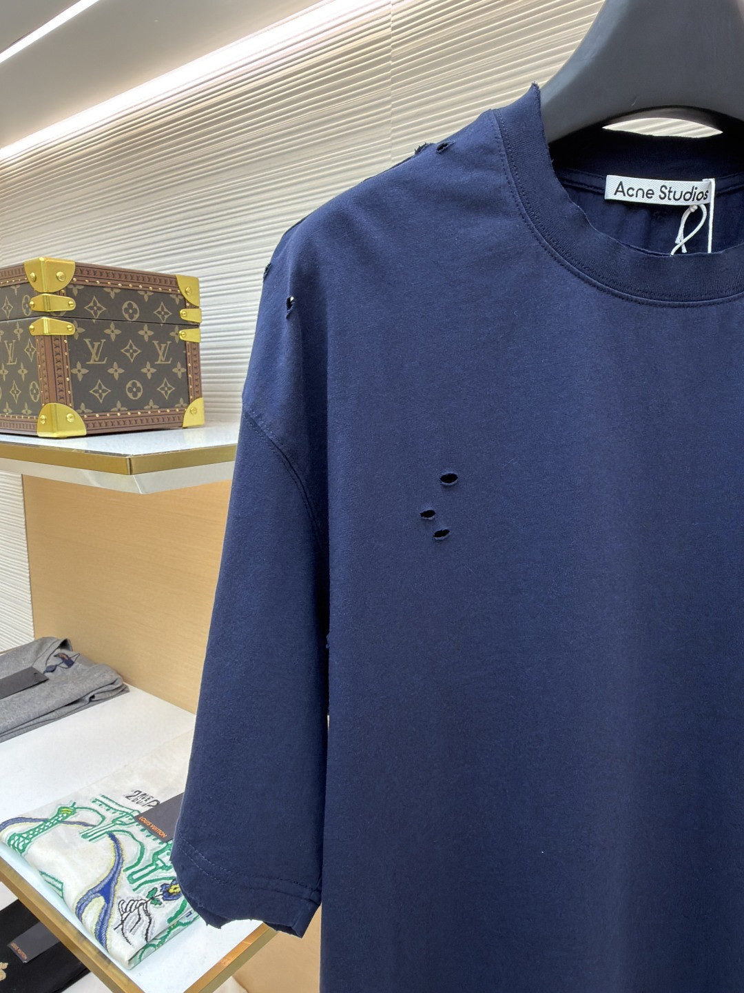 Acne Studios 做旧破洞徽标印花破洞T恤 短袖 蓝色 A0 CL0438-833