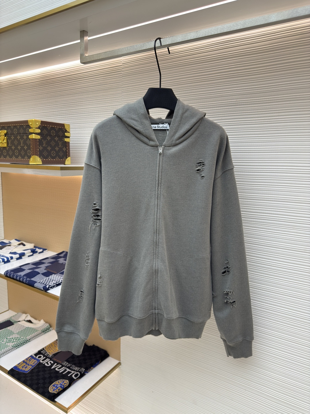 Acne Studios 破洞做旧徽标拉链连帽卫衣 外套 长袖 黑色 灰绿色 B0 CI0183-975