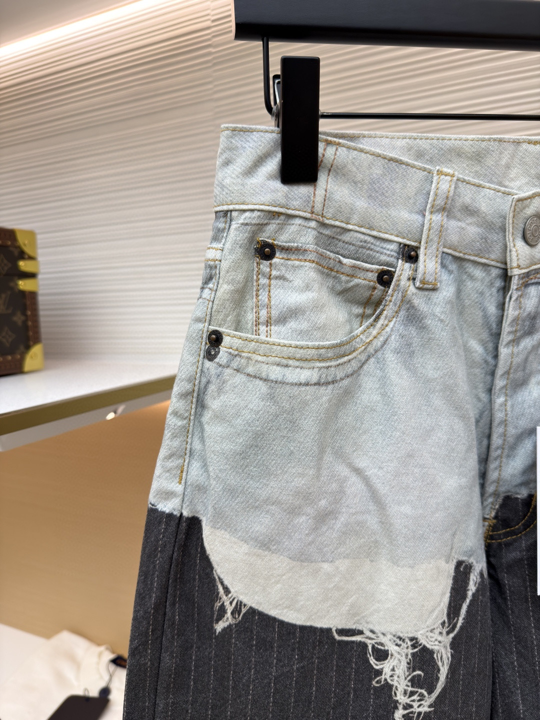 Acne Studios 拼接条纹牛仔裤 长裤 裤子 蓝黑色 B0 CK0139AIL