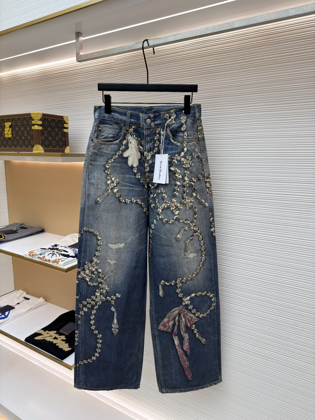 Acne Studios 水晶蝴蝶结3D错视小熊印花牛仔裤 长裤 裤子 蓝色 B0 CK0135-AUZ142