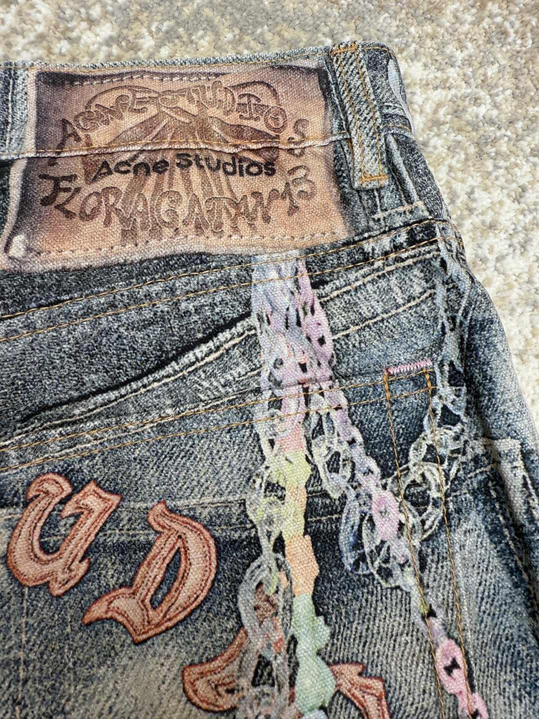 Acne Studios 链条3D印花牛仔七分裤 短裤 牛仔裤 裤子 蓝色 A7 BE0179-AUZ