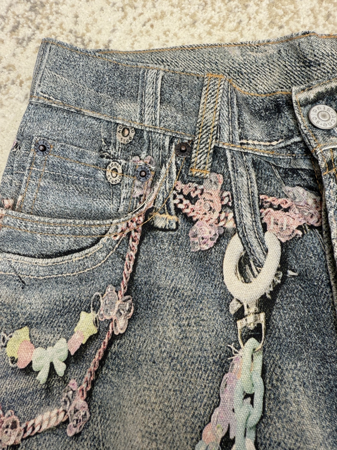 Acne Studios 链条3D印花牛仔七分裤 短裤 牛仔裤 裤子 蓝色 A7 BE0179-AUZ