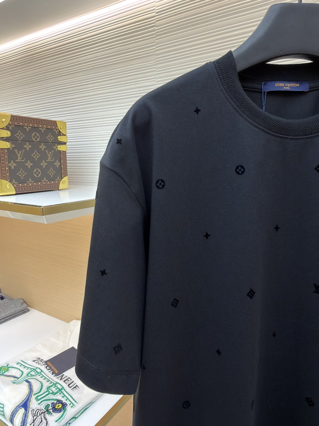 LOUIS VUITTON 路易威登 LV 植绒印花暗纹圆领T恤 短袖 白色 黑色 A0 