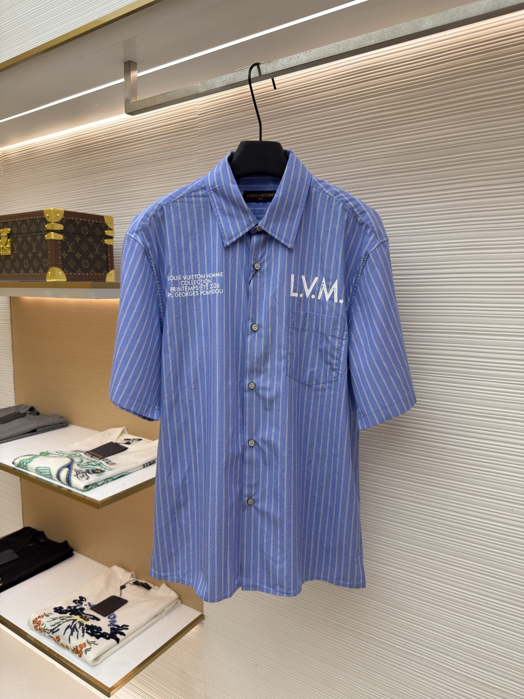 LOUIS VUITTON 路易威登 LV 条纹提花印花短袖衬衫 夏季 蓝色 A5 1AJURI