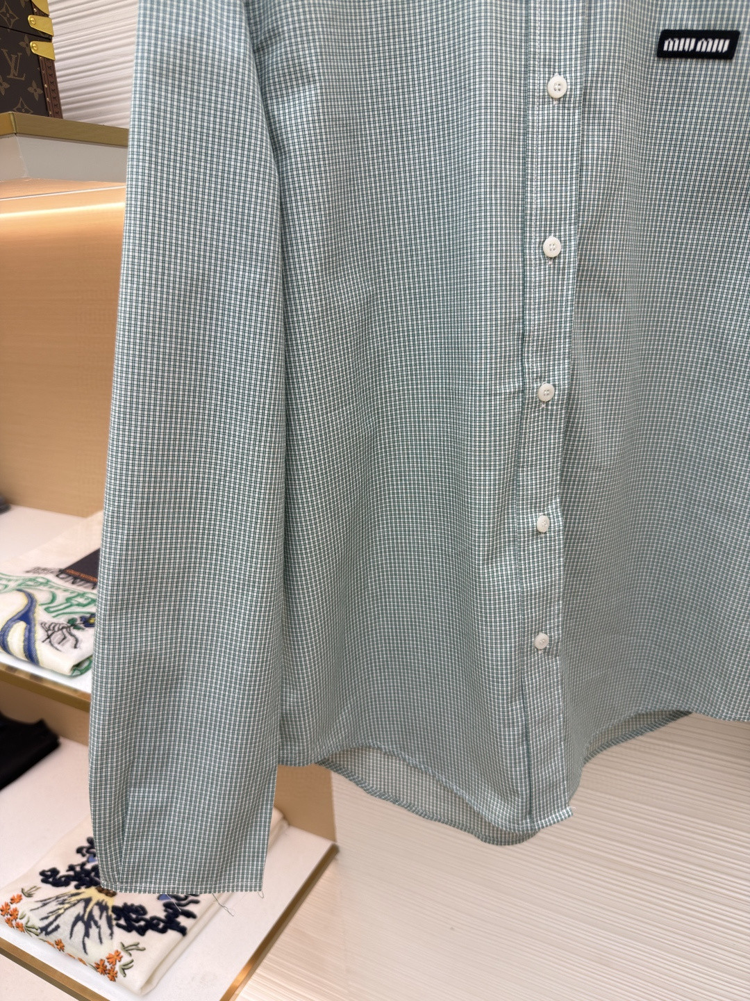 MIU MIU 缪缪 Automne系列 单排扣格纹衬衫 外套 长袖 绿色 A7 MK1842-1805-F077U-S-OOO