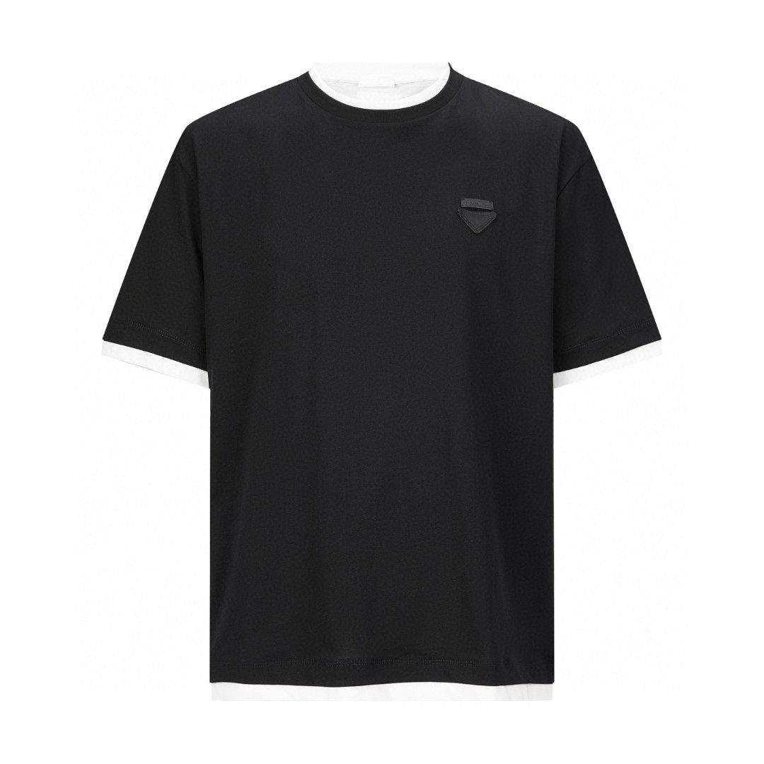 PRADA 普拉达 双层假两件布标圆领短袖 T恤 夏季 黑色 A0 UJN912-11CD-F0967-S-WMO