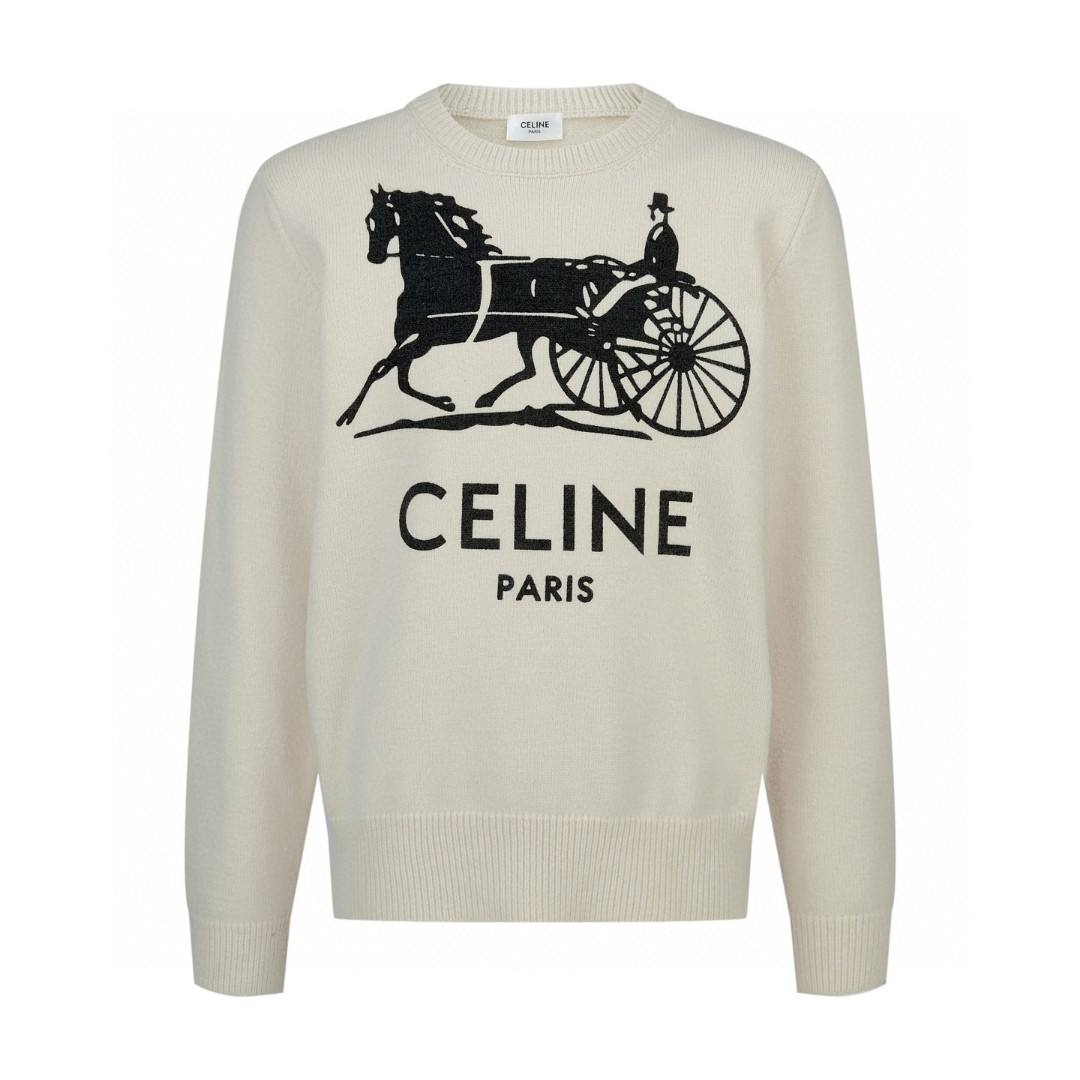 CELINE 赛琳 字母印花马车标识圆领毛衣 针织衫 外套 长袖 米色 B0 RY0SV1261-01W1