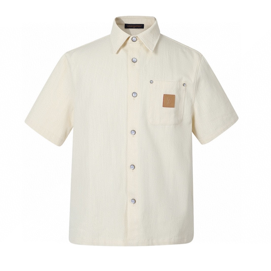LOUIS VUITTON 路易威登 LV 皮标 桑蚕丝短袖衬衫 米色 B0 1AHCHW-B0