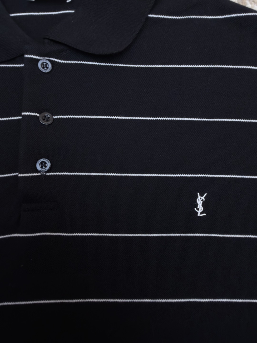 SAINT LAURENT YSL 圣罗兰 标识刺绣条纹Polo衫 短袖 T恤 夏款 黑色 A2 792177Y37RJ1095