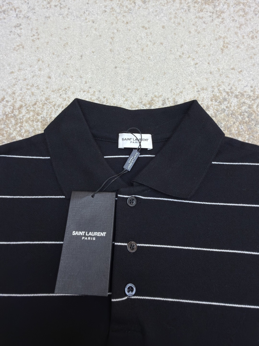 SAINT LAURENT YSL 圣罗兰 标识刺绣条纹Polo衫 短袖 T恤 夏款 黑色 A2 792177Y37RJ1095