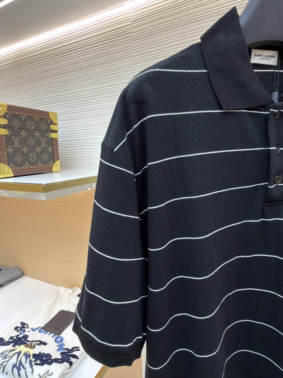 SAINT LAURENT YSL 圣罗兰 标识刺绣条纹Polo衫 短袖 T恤 夏款 黑色 A2 792177Y37RJ1095