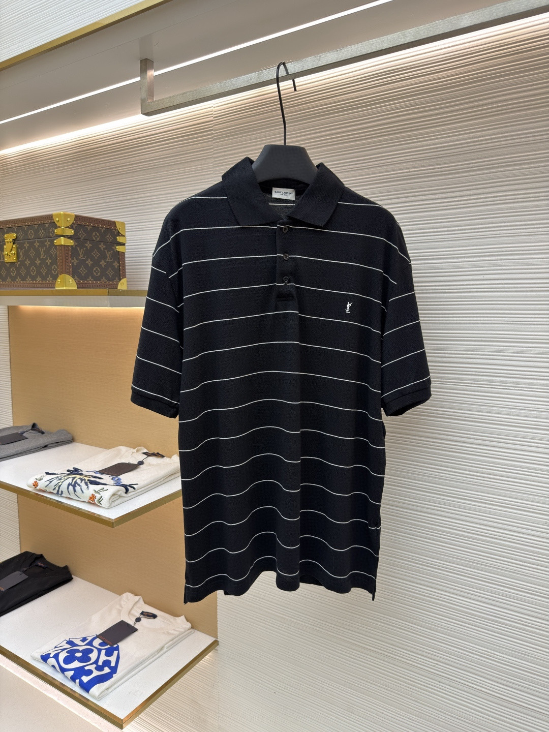SAINT LAURENT YSL 圣罗兰 标识刺绣条纹Polo衫 短袖 T恤 夏款 黑色 A2 792177Y37RJ1095