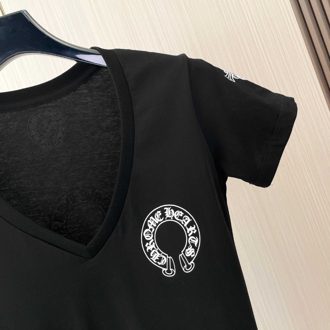 Chrome Hearts 克罗心 三元素印花V领修身短袖 T恤 夏季 女款 黑色 A2
