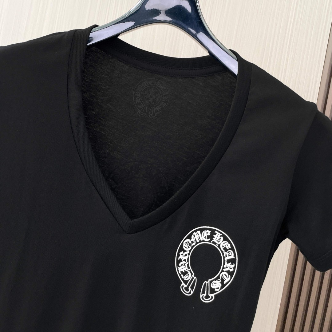 Chrome Hearts 克罗心 三元素印花V领修身短袖 T恤 夏季 女款 黑色 A2