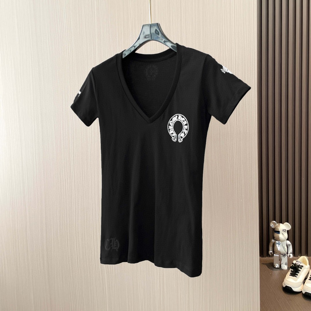 Chrome Hearts 克罗心 三元素印花V领修身短袖 T恤 夏季 女款 黑色 A2