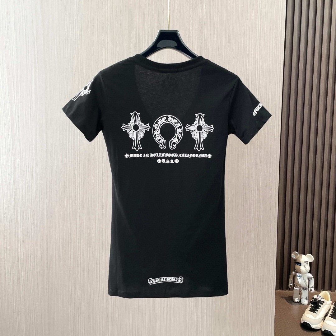 Chrome Hearts 克罗心 三元素印花V领修身短袖 T恤 夏季 女款 黑色 A2
