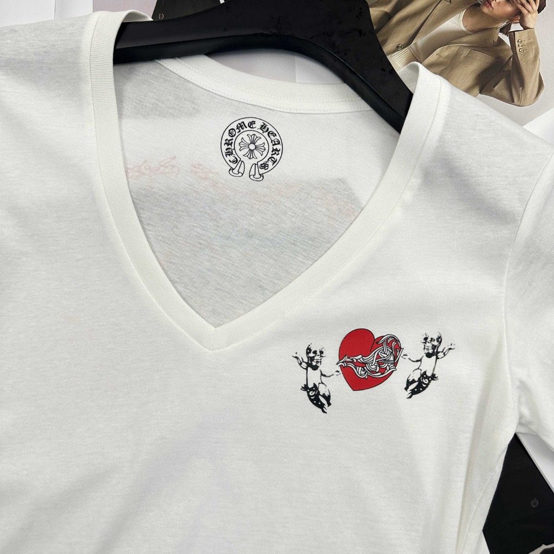 Chrome Hearts 克罗心 中古爱心V领短袖 T恤 夏季 女款 白色 A2