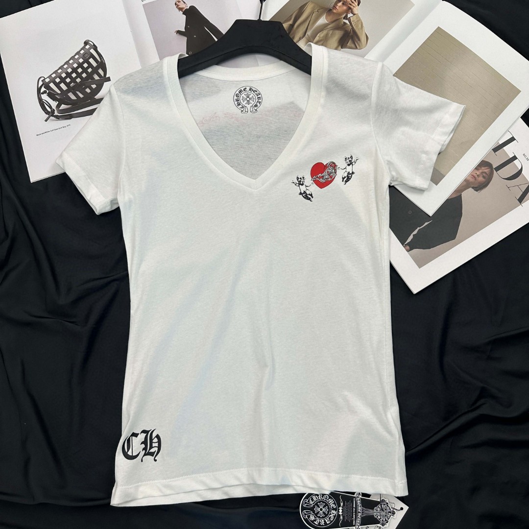 Chrome Hearts 克罗心 中古爱心V领短袖 T恤 夏季 女款 白色 A2