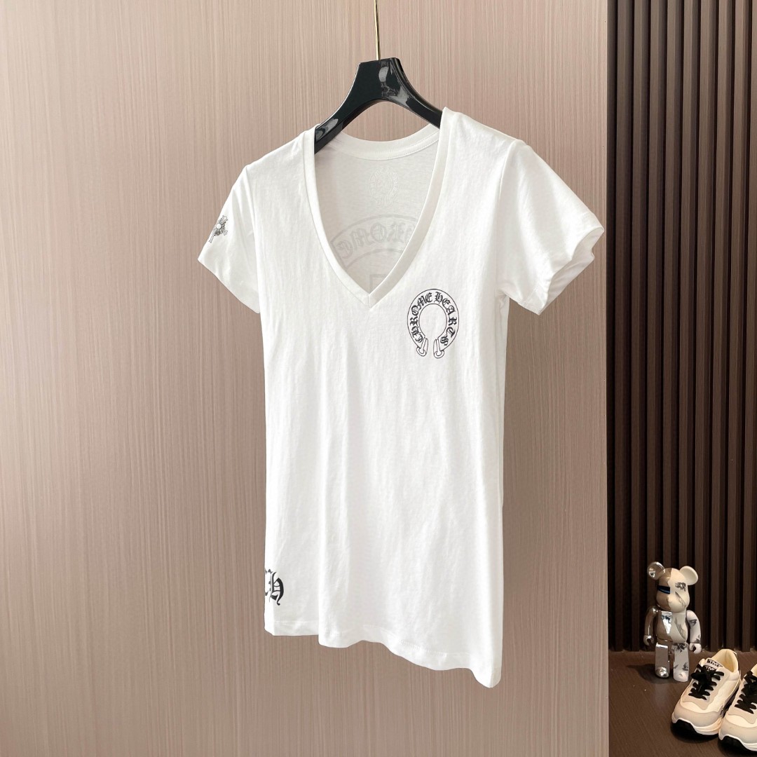 Chrome Hearts 克罗心 马蹄梵文T型印花V领短袖 T恤 夏季 女款 黑色 白色 A2