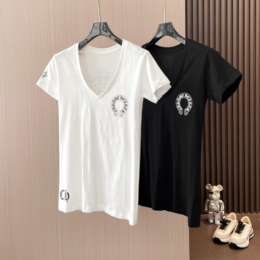 Chrome Hearts 克罗心 马蹄梵文T型印花V领短袖 T恤 夏季 女款 黑色 白色 A2