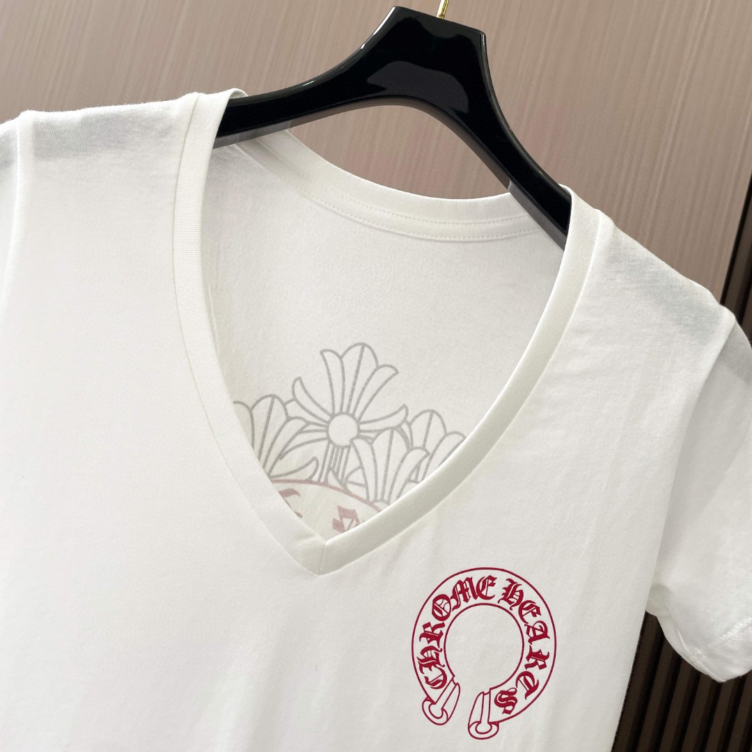 Chrome Hearts 克罗心 红马蹄叠影十字印花V领短袖 T恤 夏季 女款 黑色 白色 A2