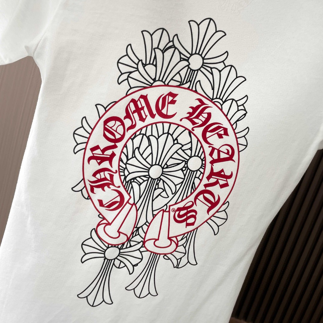 Chrome Hearts 克罗心 红马蹄叠影十字印花V领短袖 T恤 夏季 女款 黑色 白色 A2