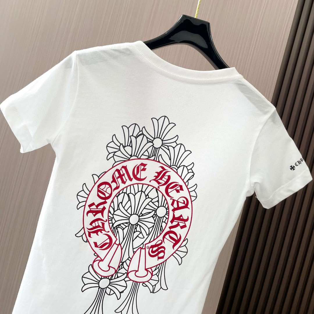Chrome Hearts 克罗心 红马蹄叠影十字印花V领短袖 T恤 夏季 女款 黑色 白色 A2