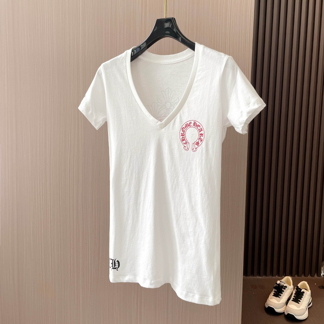Chrome Hearts 克罗心 红马蹄叠影十字印花V领短袖 T恤 夏季 女款 黑色 白色 A2
