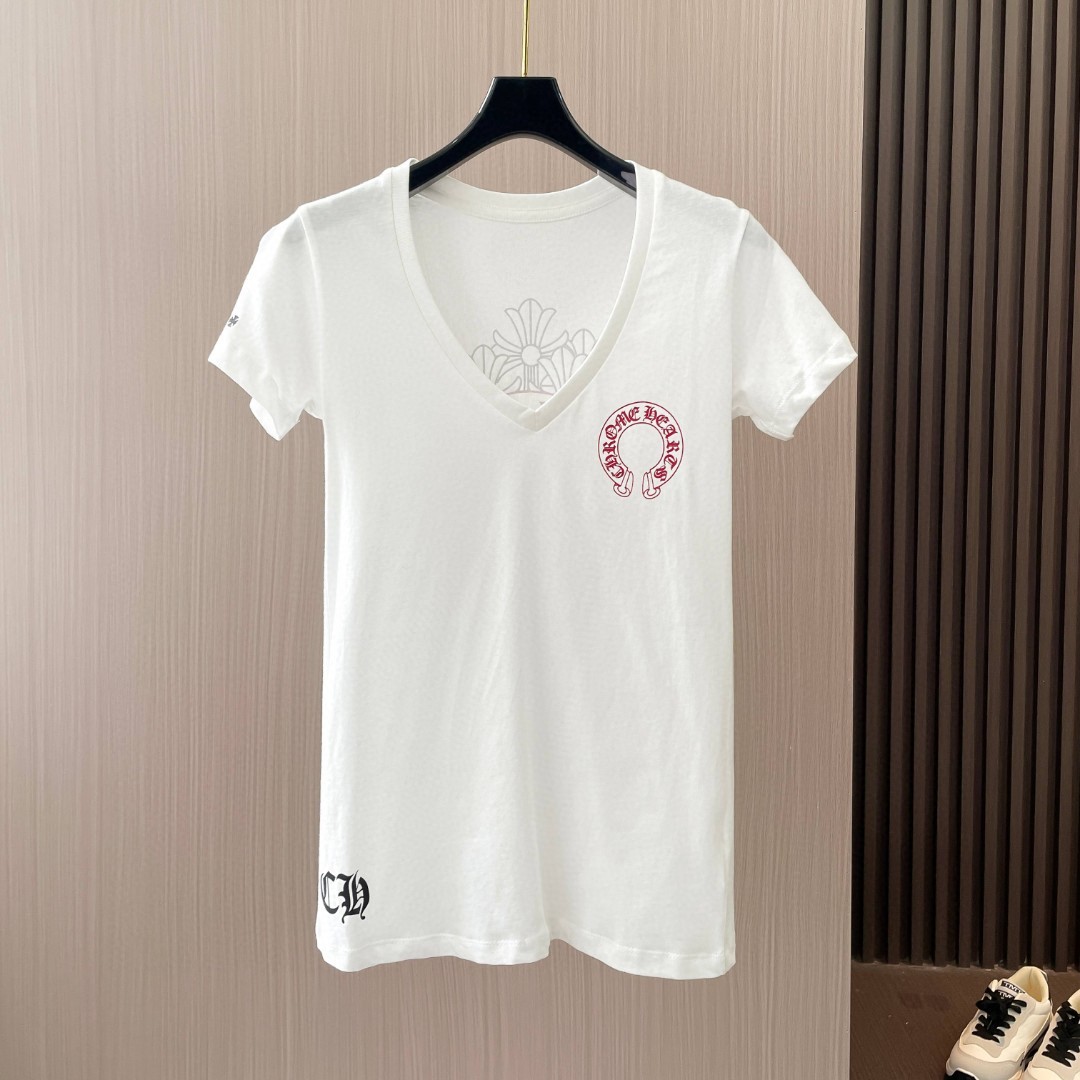 Chrome Hearts 克罗心 红马蹄叠影十字印花V领短袖 T恤 夏季 女款 黑色 白色 A2