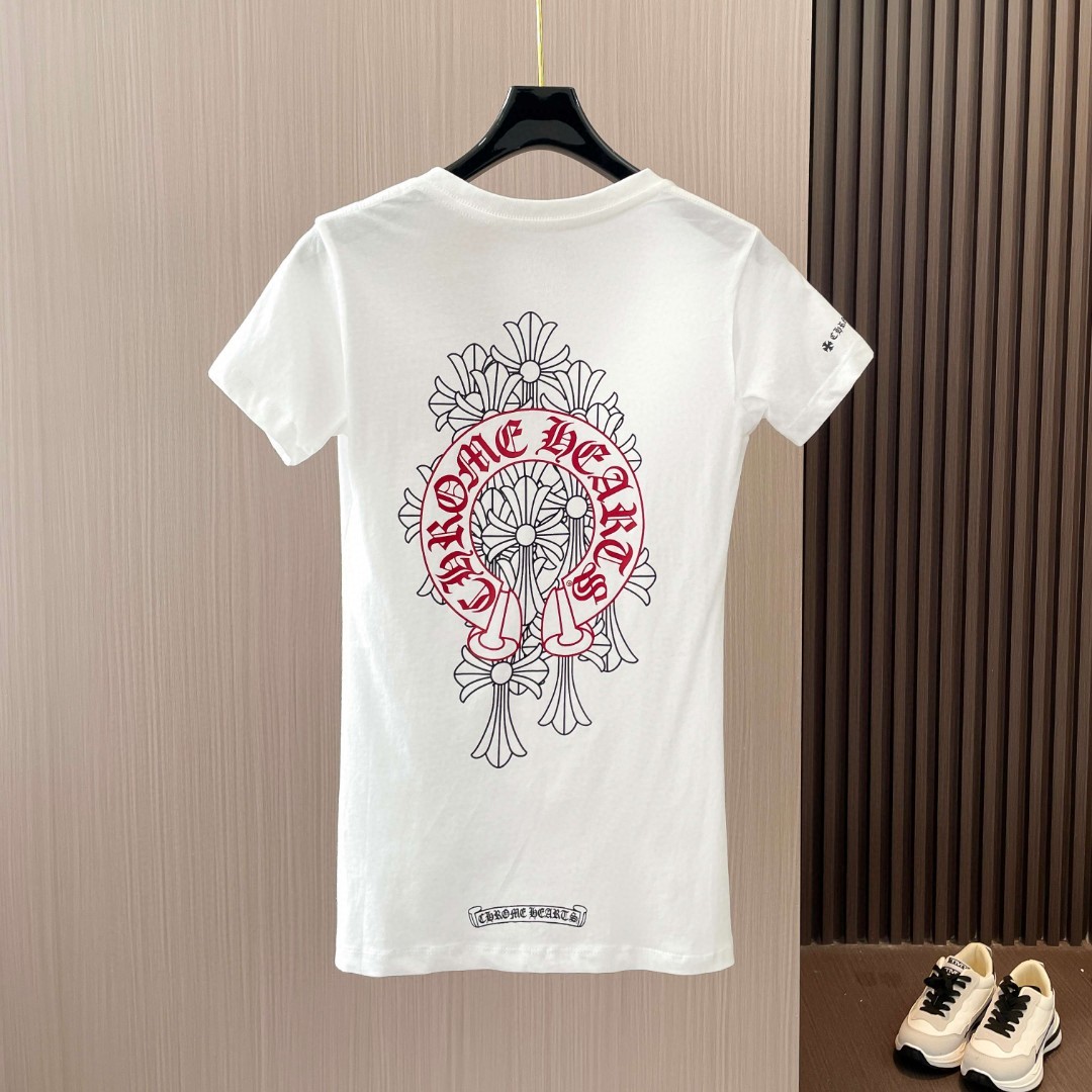 Chrome Hearts 克罗心 红马蹄叠影十字印花V领短袖 T恤 夏季 女款 黑色 白色 A2