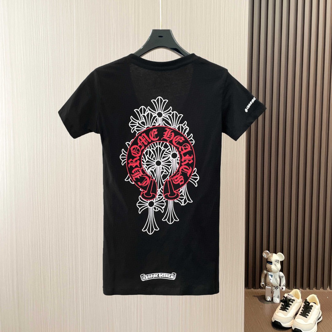 Chrome Hearts 克罗心 红马蹄叠影十字印花V领短袖 T恤 夏季 女款 黑色 白色 A2