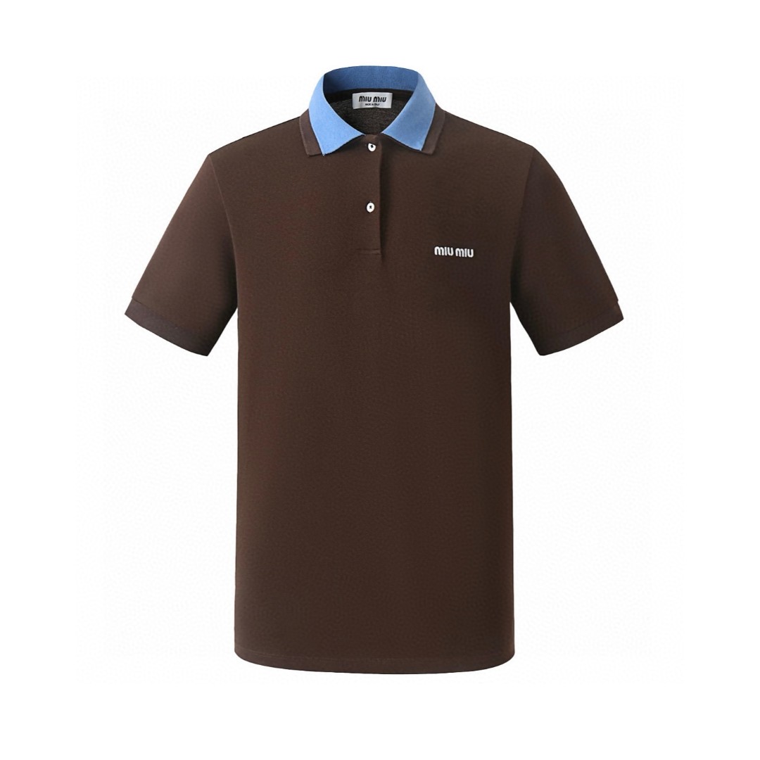 MIU MIU 经典刺绣徽标假两件Polo衫 短袖 T恤 夏季 棕色 A5 MJN535-17P8-F04NH-S-OOO