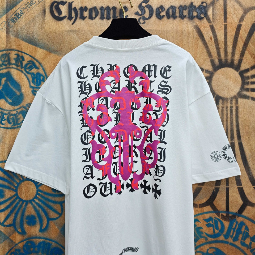 Chrome Hearts 克罗心 粉色宝剑梵文印花圆领短袖 T恤 白色 黑色 A0