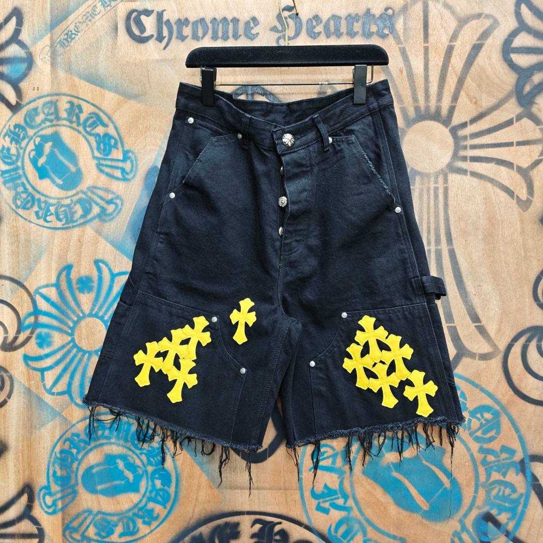 Chrome Hearts 克罗心 黄色十字架城市限定牛仔裤 短裤 五分裤 裤子 黑色